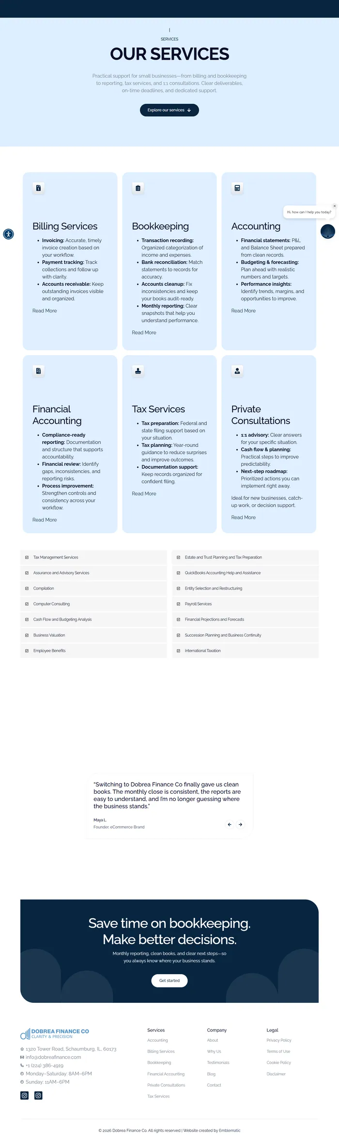 The services page, with the 6 main lines