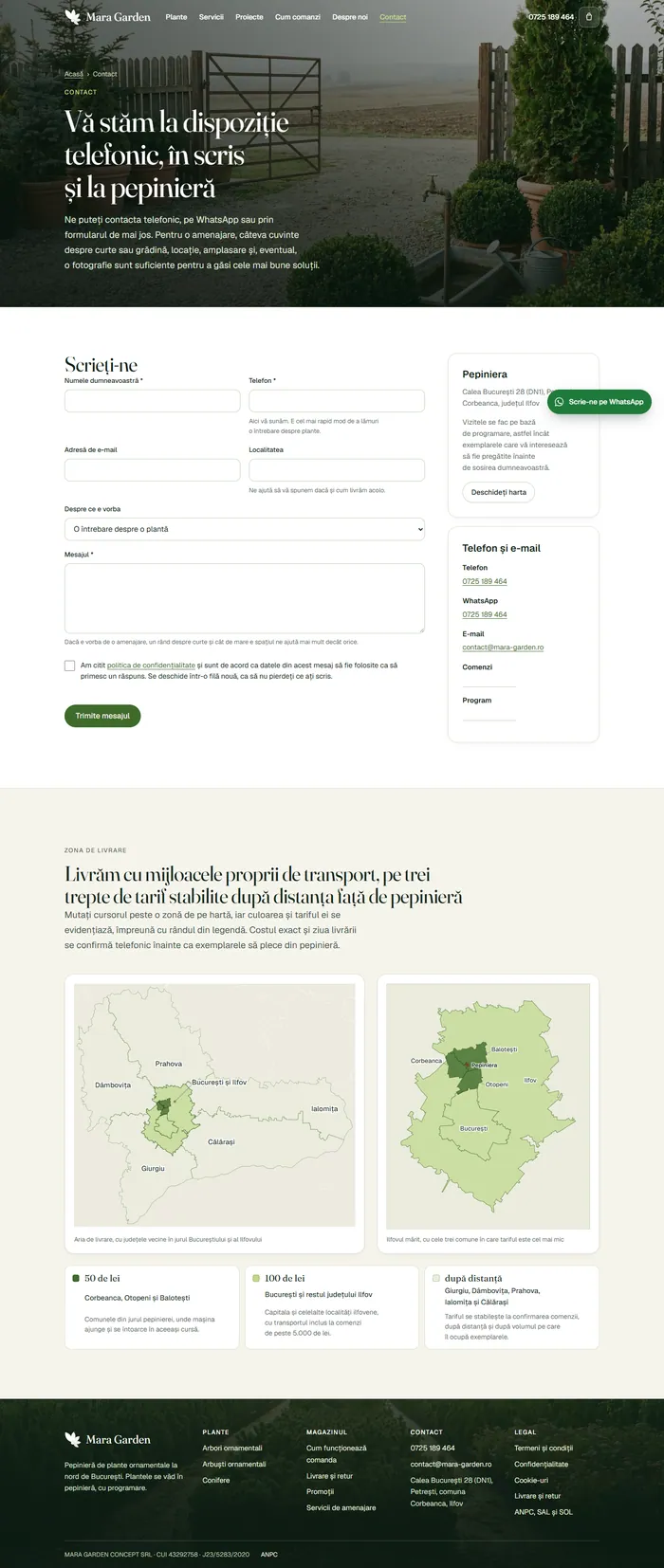 Pagina de contact, cu harta zonei de livrare