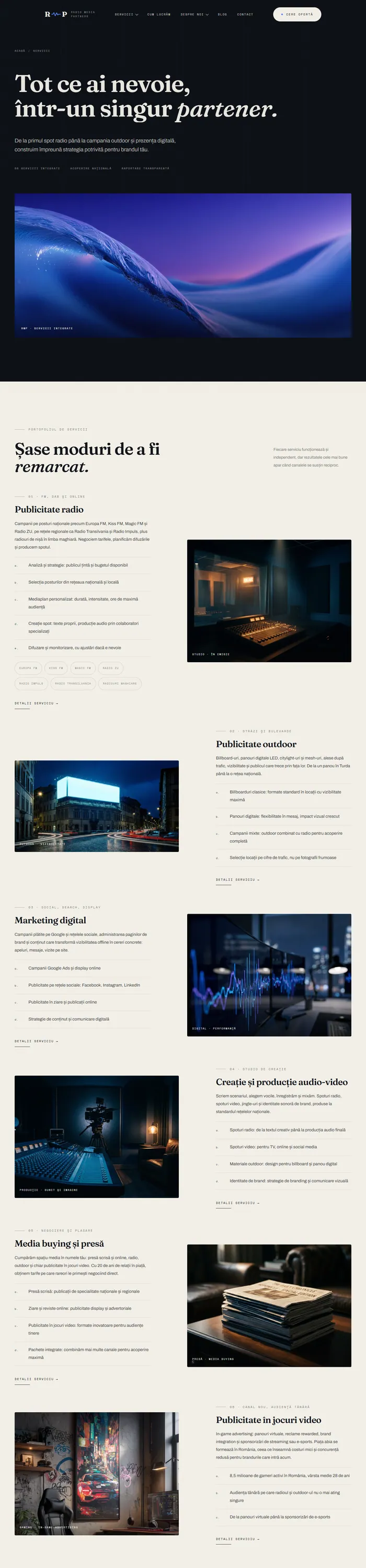 The services page: the five advertising lines