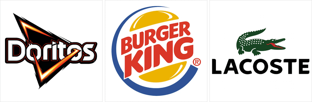 Exemple de logo tip marcă combinată: Doritos, Burger King, Lacoste