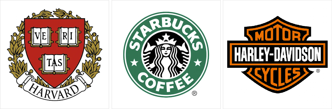 Exemple de logo tip emblemă: Harvard, Starbucks, Harley-Davidson